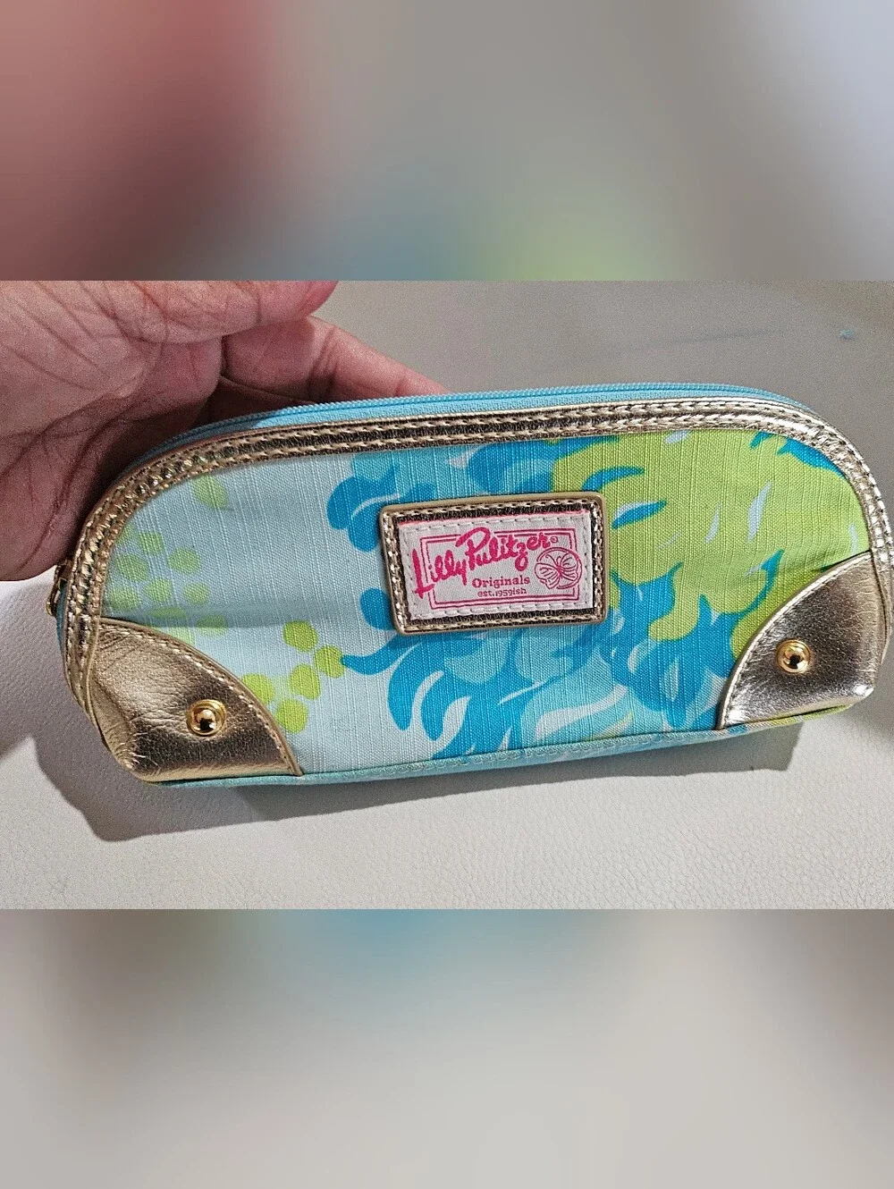 Lilly Pulitzer Originals Cosmetic Makeup Bag Blue Green Floral Gold Trim